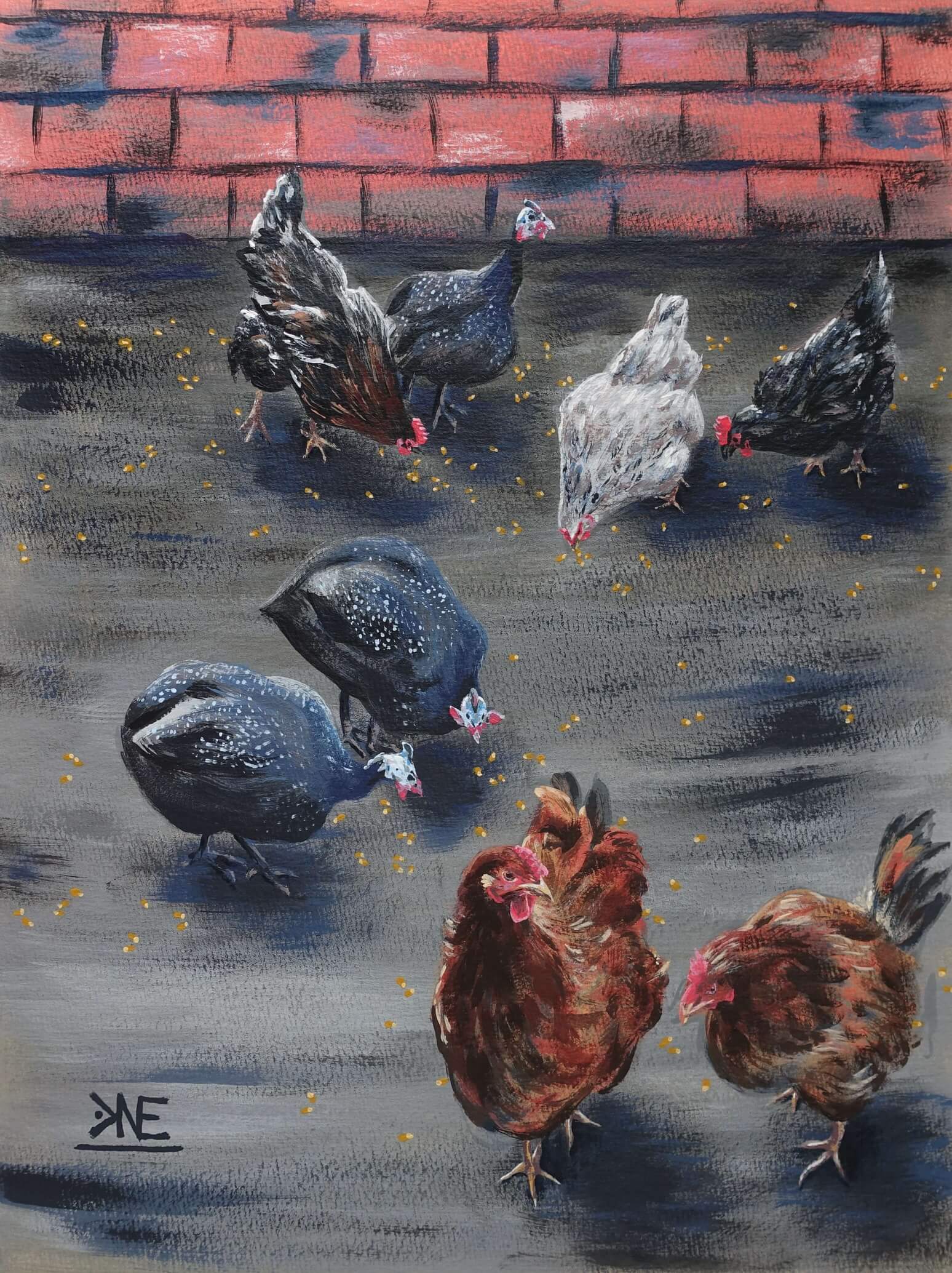 Mum's Hens and Guinea Fowl painting